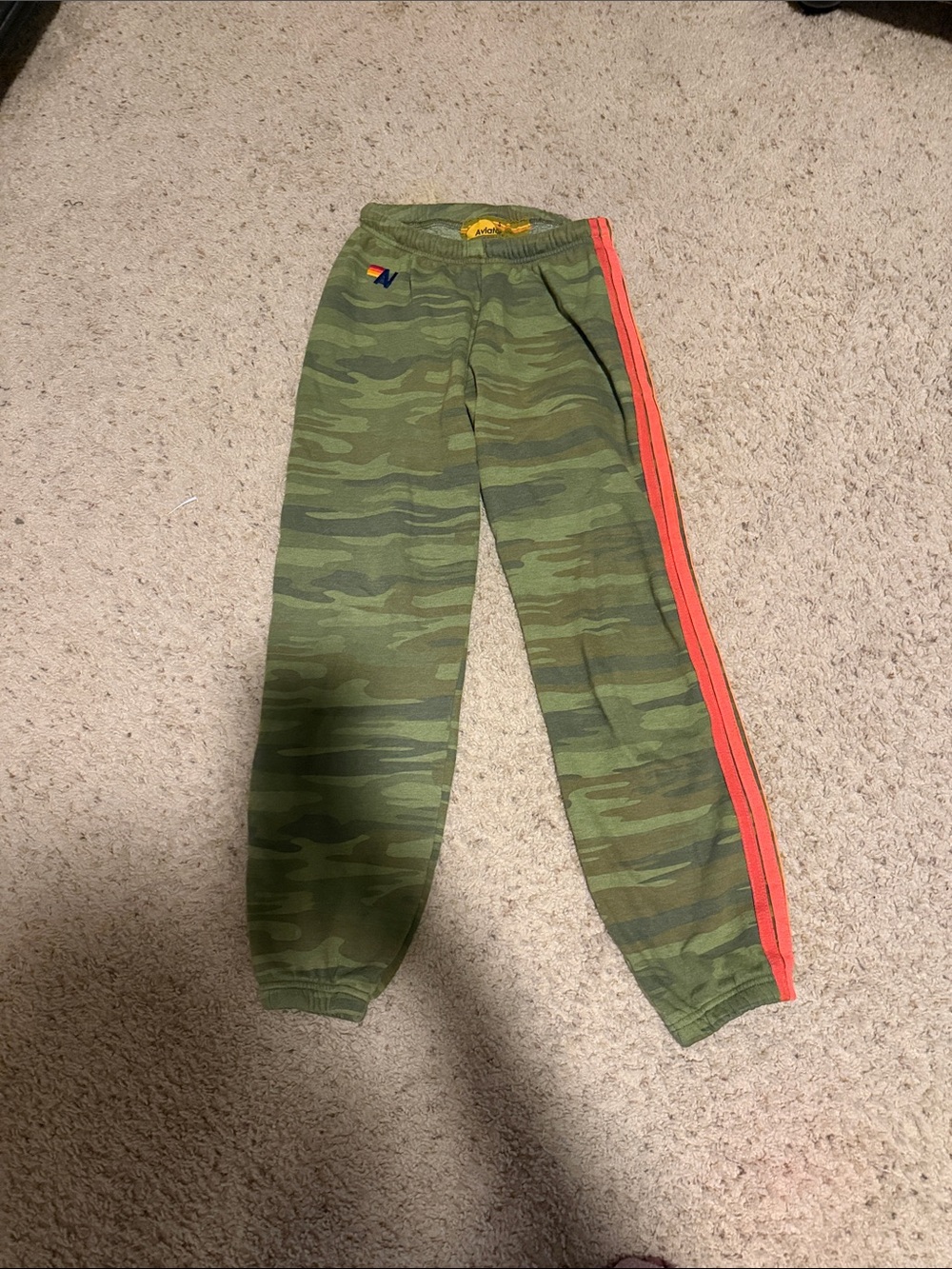 Aviator Nation Green Camo Joggers with Orange Side Stripe